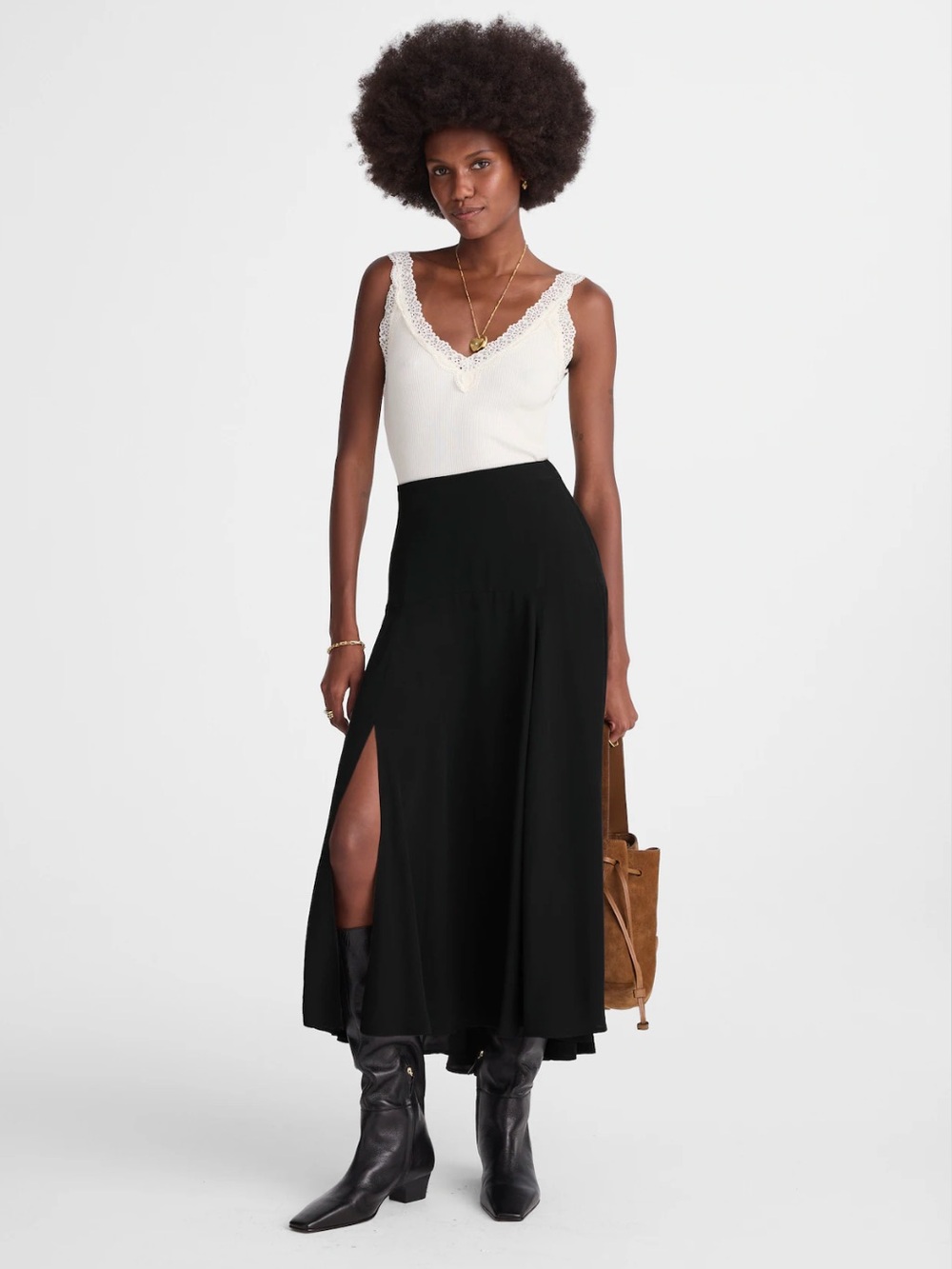 Madewell Jet Black Circle Midi Flare Skirt in Crêpe de Chine Front Side Slit 6
